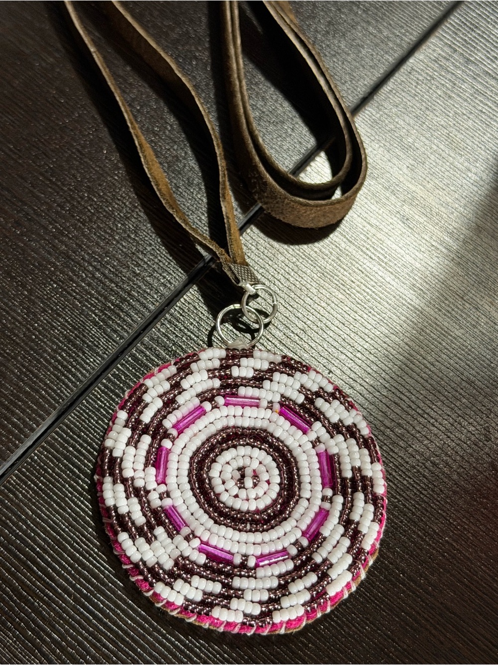 Handmade Beaded Circle Pendant Necklace in Pink, White & Brown